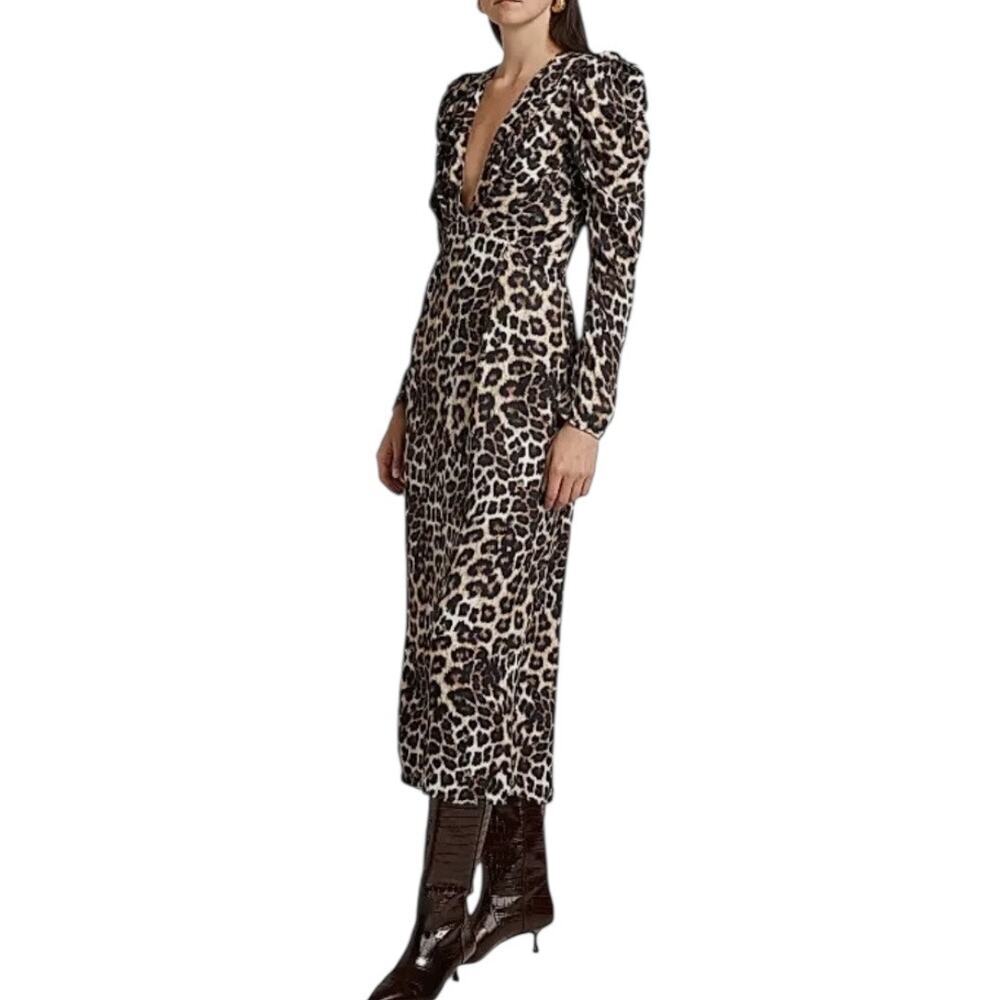 NEW Farm Rio Leopard Print V-Neck Midi Dress Long Sleeve Empire Waist Size Large - Picture 3 of 12